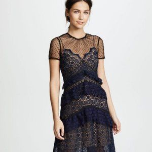 SELF PORTRAIT Lace Paneled Maxi Navy Blue Dress
